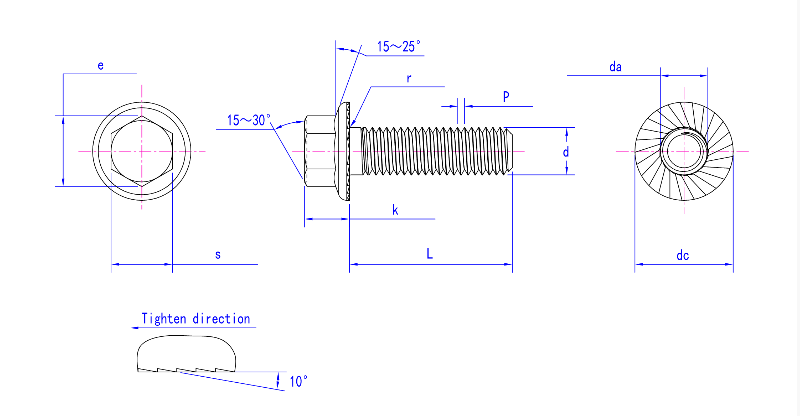 مسامير سداسية QC-T 340 ذات شفة مسننة للسيارات مسامير سداسية QC-T 340 ذات شفة مسننة للسيارات